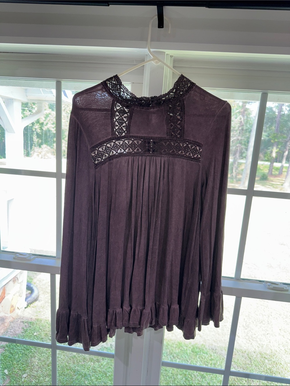 easel Plum Lace-Yoke Long Sleeve Boho Tunic
